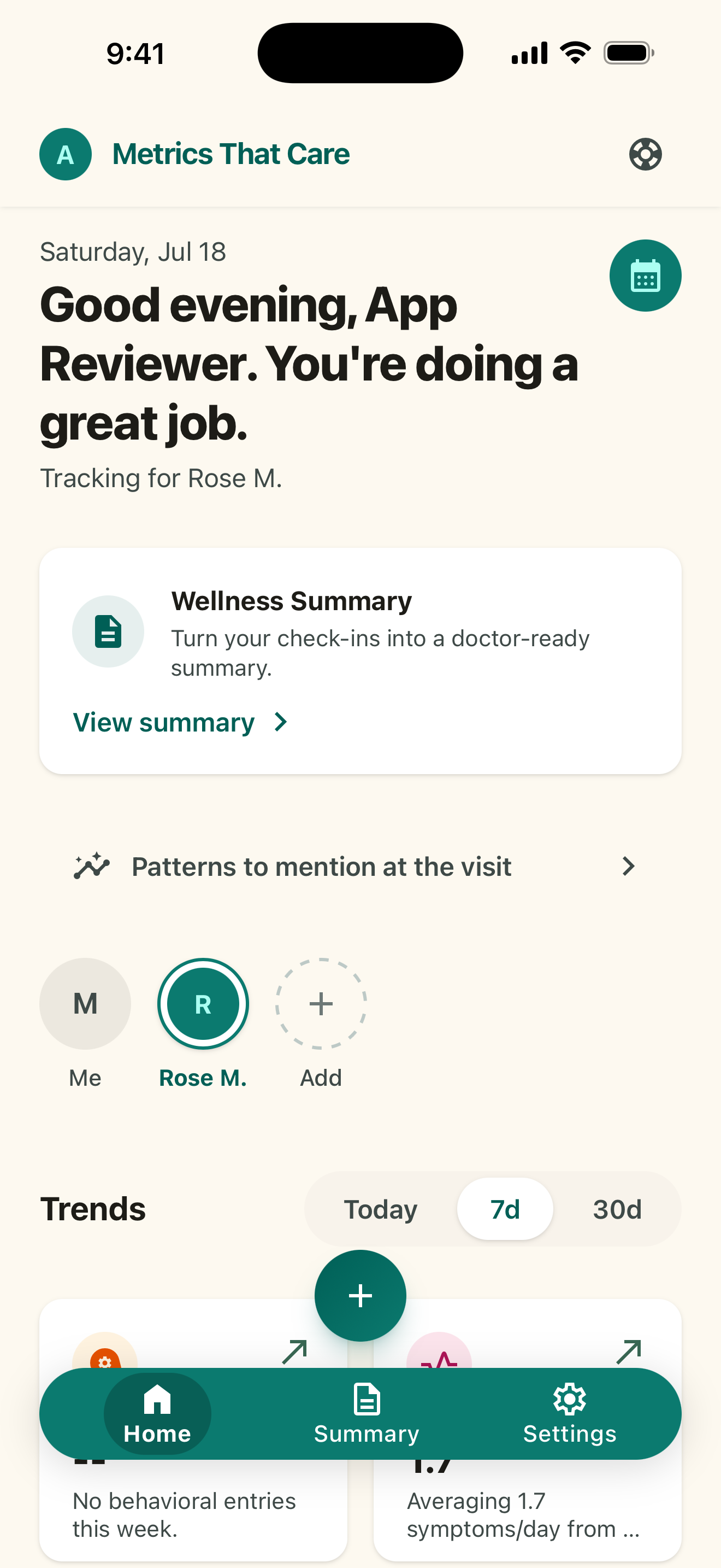 The app's home screen: a greeting, the person being tracked, a Wellness Summary card, patterns to mention at the visit, and trends for the last seven days.