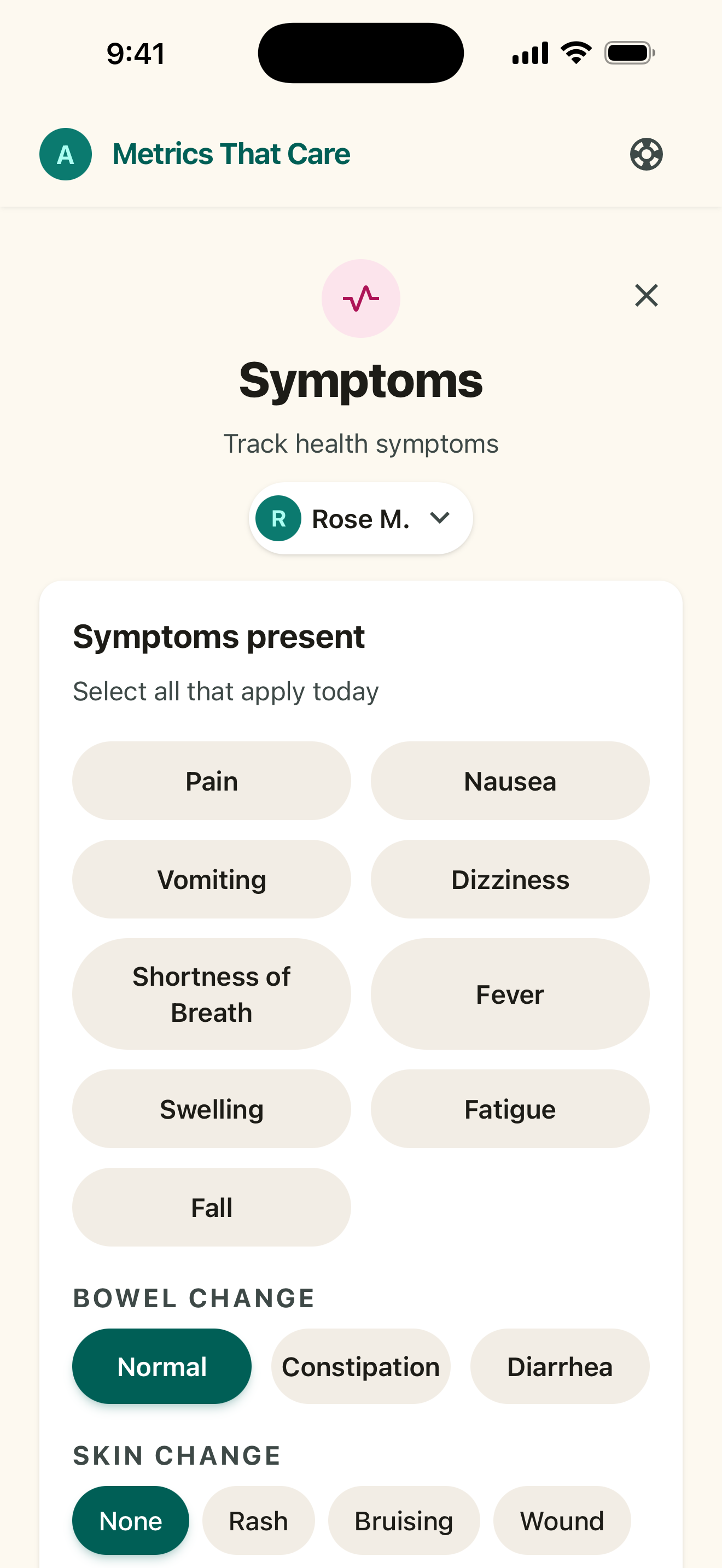 The Symptoms screen, where each symptom is recorded with a severity and a date.