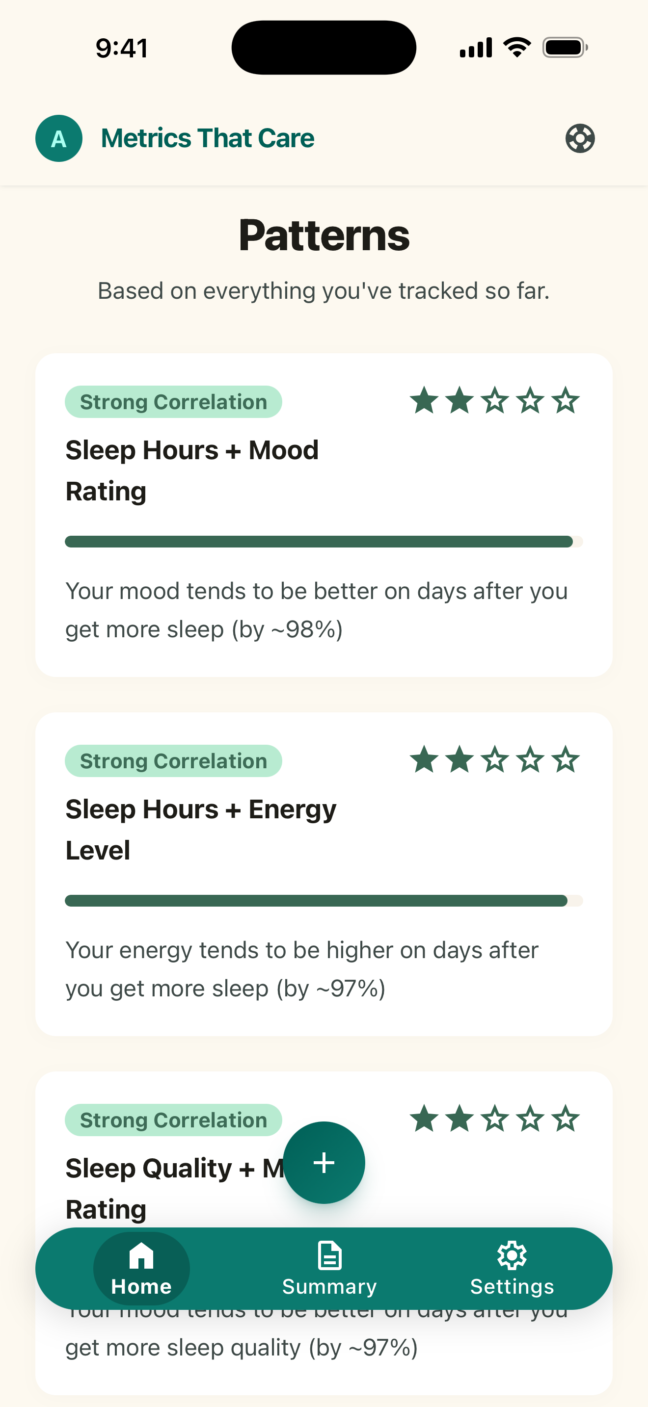 The Patterns screen showing correlations between sleep hours and mood, rated by strength.